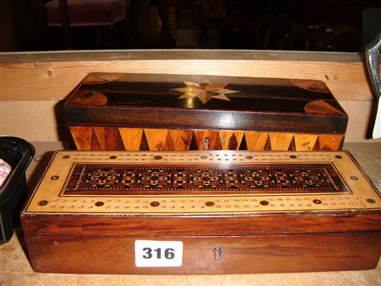 Tunbridge Ware cribbage box and a glove box with starburst & Vandyke inlay